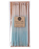 Package of 12 tall hand-dipped aqua color beeswax birthday candles with ombré effect
