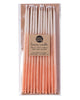 Package of 12 tall hand-dipped peach color beeswax birthday candles with ombré effect